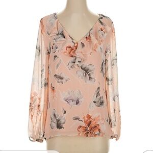 White House Black Market Peach Floral Ruffle V-Neck Blouse
